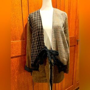 Vintage 701 Cardigan Wrap Brown Tweed Patchwork Black Lace Boho One Size